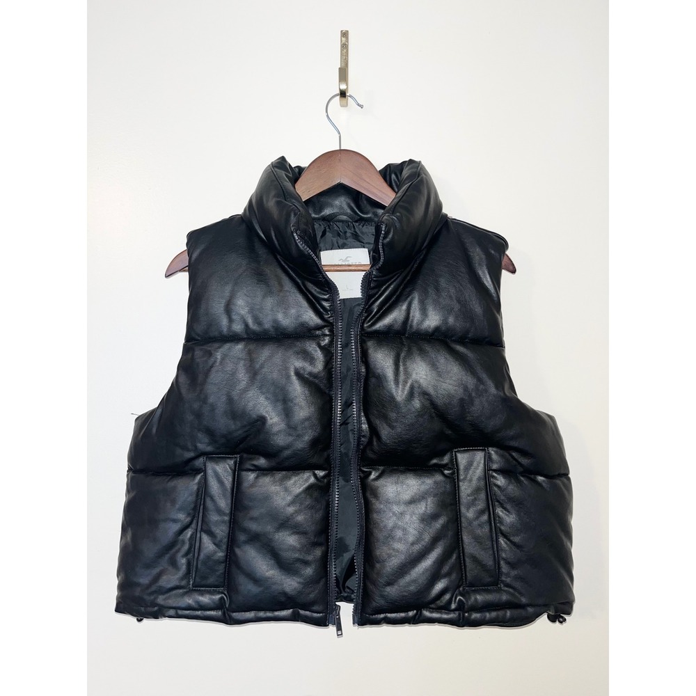 HOLLISTER Vegan Leather Jet Black Zip‎ Up Puffer Vest Sleeveless Womens | Large